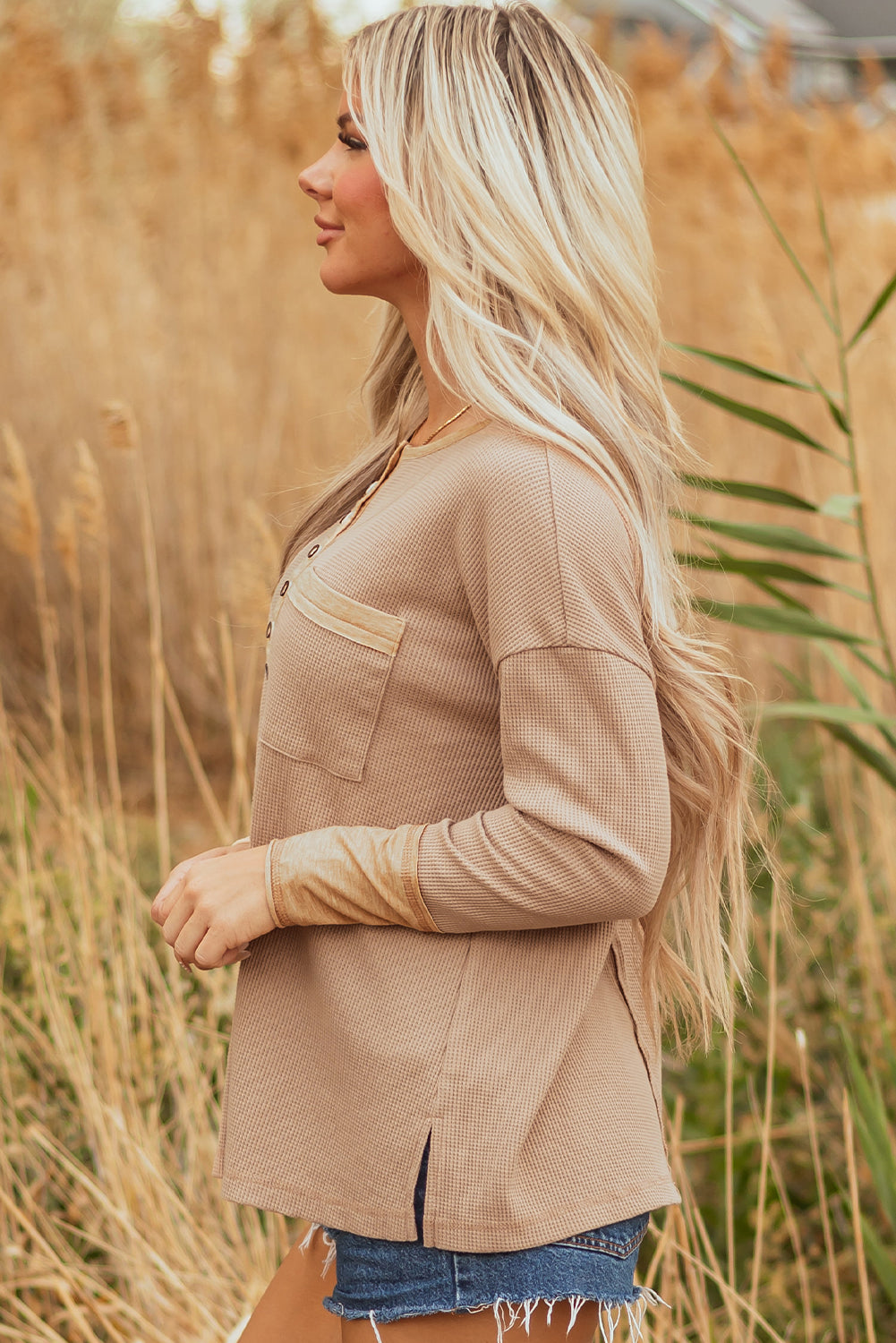 Blake Waffle Textured Tunic Henley Top with Slits