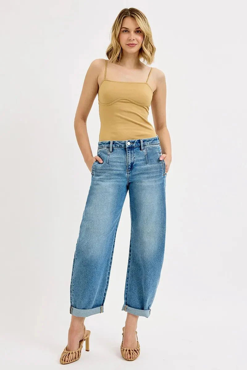RISEN Full Size Mid Rise Fit Barrel Roll Up Jeans Plus Size