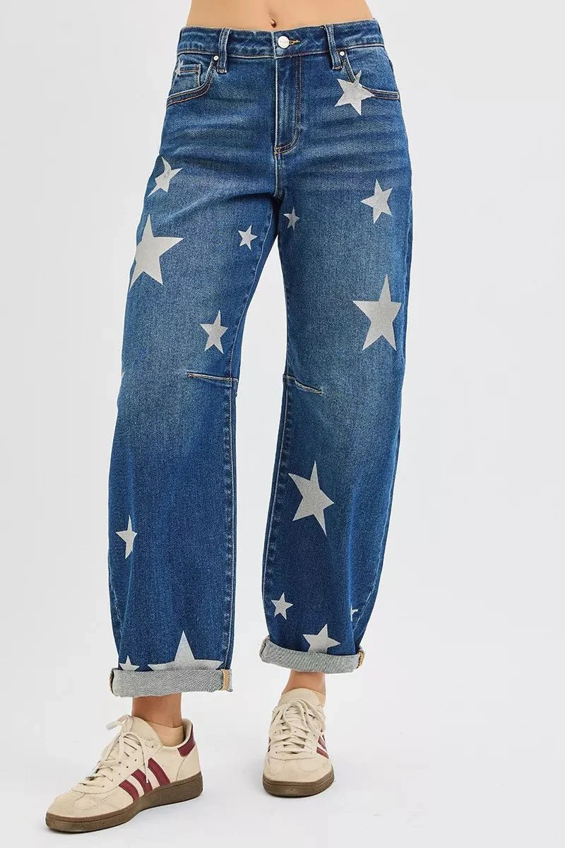 RISEN Mid Rise Ankle Length Relaxed Barrel Star Printed Jeans
