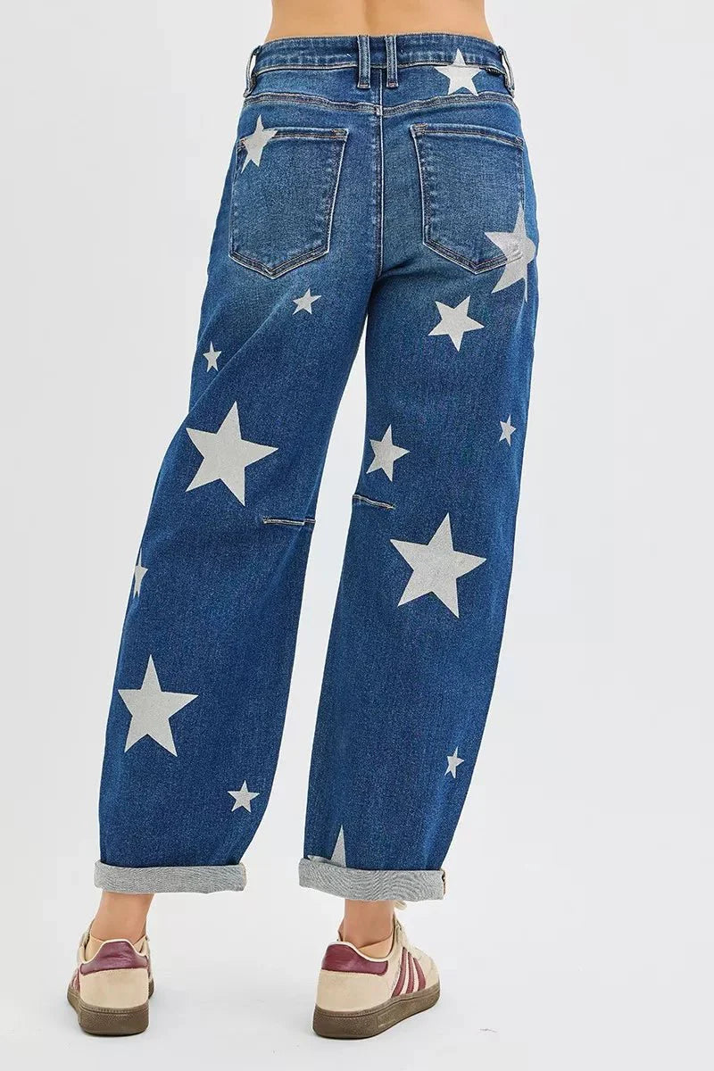 RISEN Mid Rise Ankle Length Relaxed Barrel Star Printed Jeans